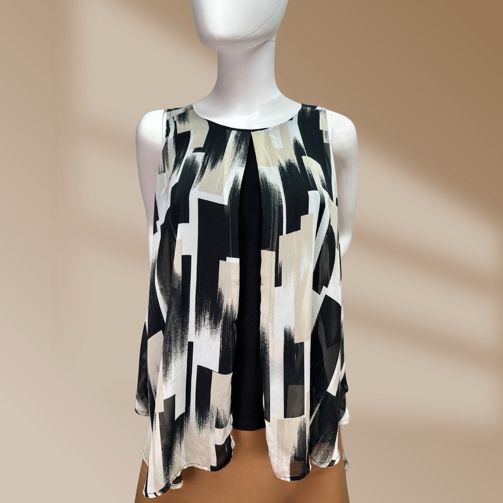 Roz & Ali Women's High Low Flowy Graphic Tank w Overlay Black White Beige Sz S